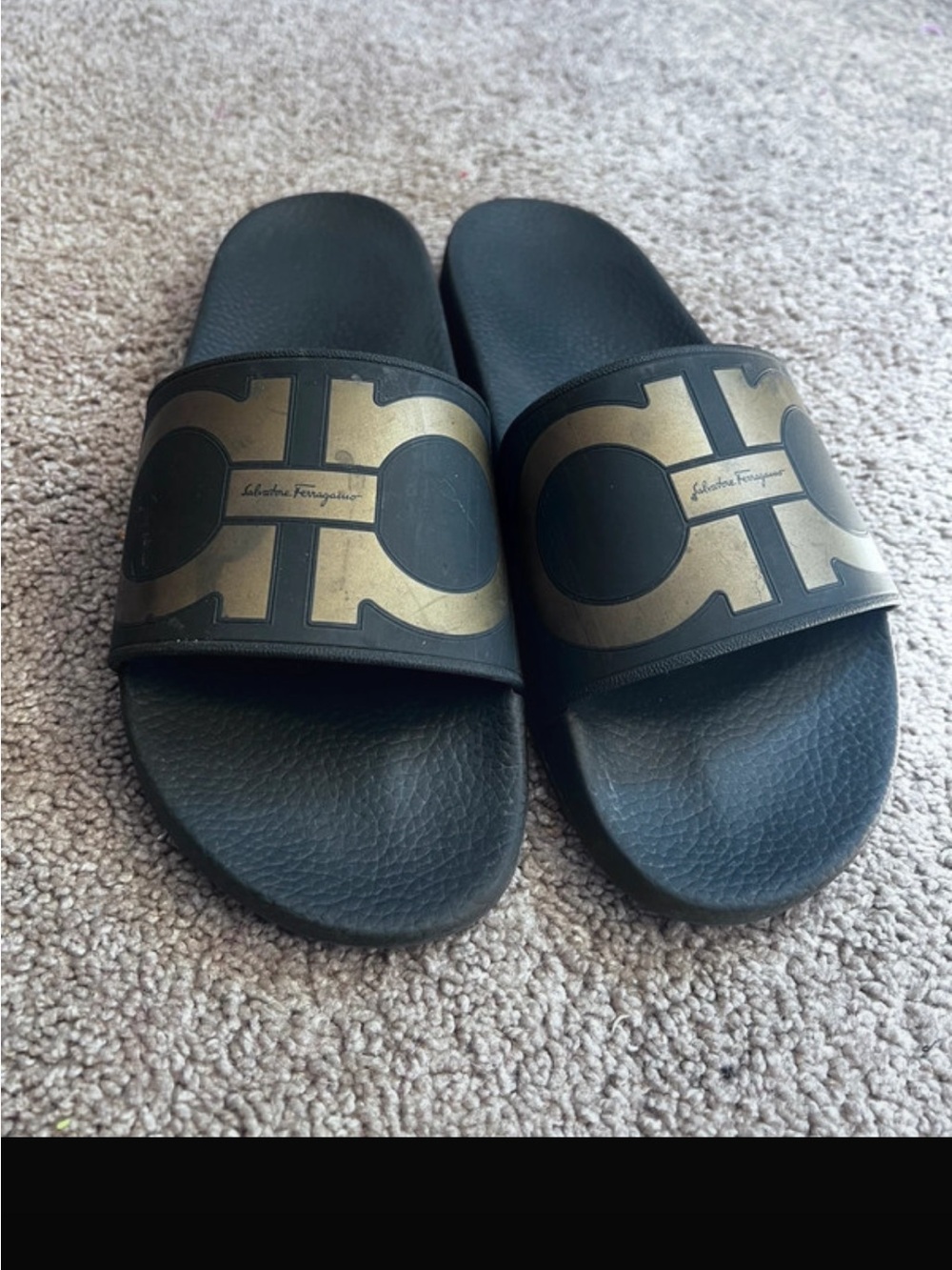 Salvatore Ferragamo Black Slide Sandals with Gold Logo